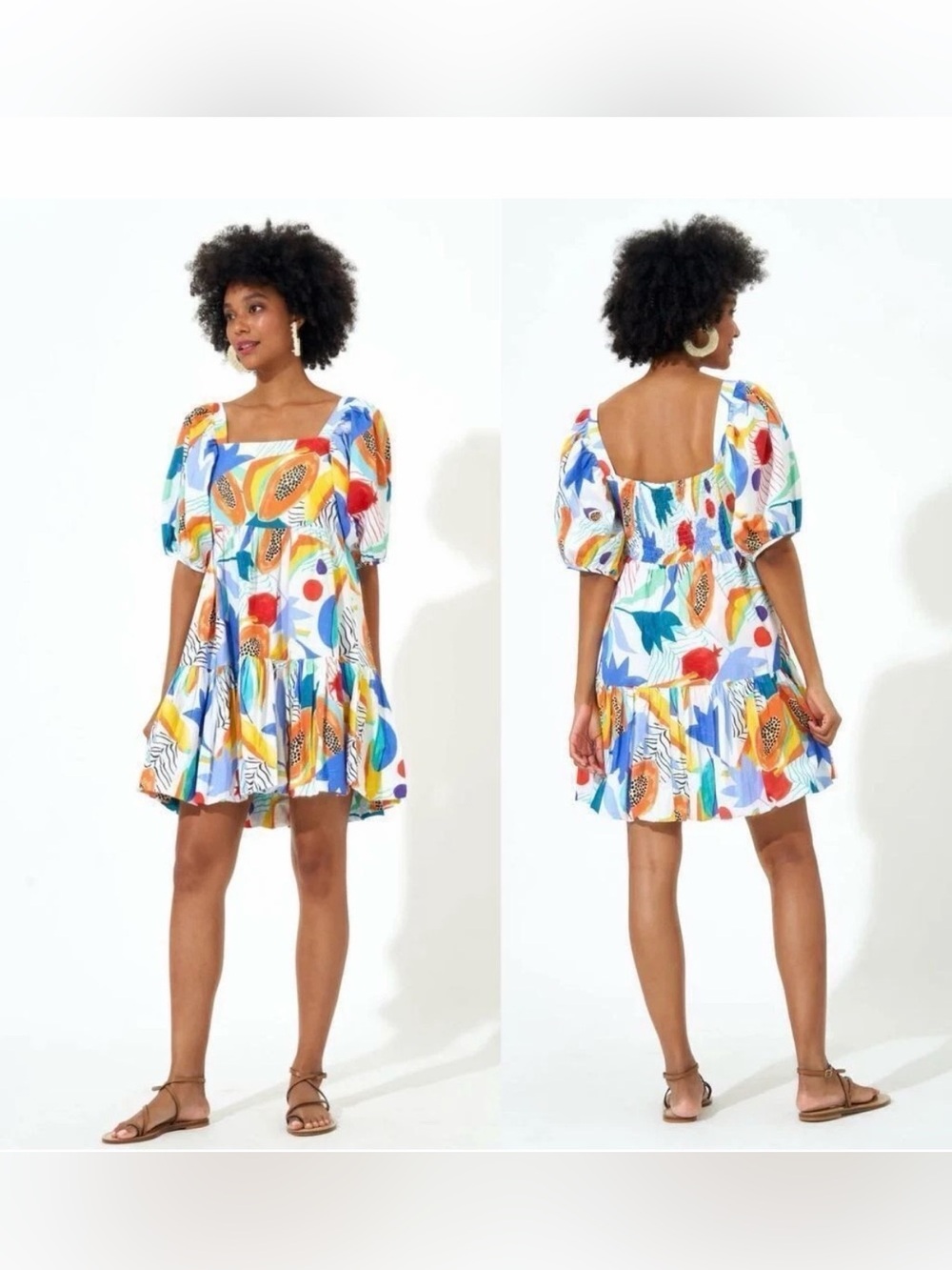 Oliphant Multi-Color bubble hem Puff Sleeve papaya Mini Dress S NEW - Picture 2 of 15